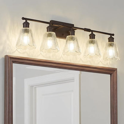 HWH Rustic Bathroom Light Fixture, Clear Floral Glass, 5HJX110B-5W ORB | Oil-Rubbed Bronze Finish, 34 Inch Bathroom Vanity Light Over Mirror, Vanity Lights for Bedroom, Sized At 34 In Fixture Size