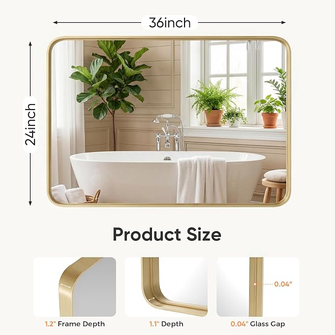 Sweetcrispy Bathroom Wall Mirror, 36x24 Inch Mirror for Over Sink, Gold | Modern Wall Mount Vanity Mirror, Rounded Rectangle with Matte Brush Metal Framed, for Home Decor, Living Room, Bedroom