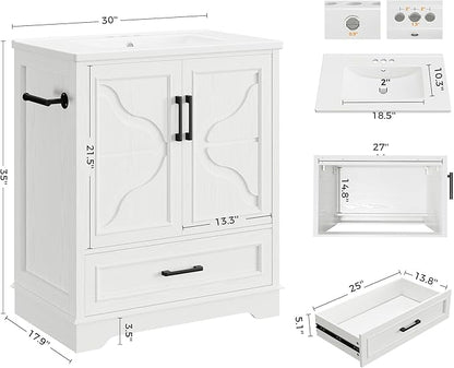 IRONCK 30" Bathroom Vanity with Ceramic Basin,Modern Under Sink Cabinet with 2 Soft Closing Doors and 1 Drawer, Free Standing Bathroom Storage Cabinet with Sink Combo Set,NO Faucet Accessories, White