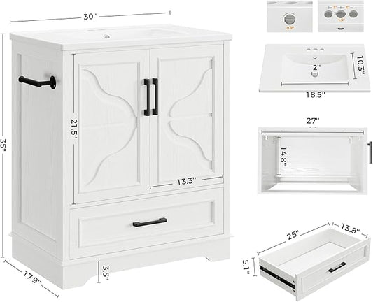 IRONCK 30" Bathroom Vanity with Ceramic Basin,Modern Under Sink Cabinet with 2 Soft Closing Doors and 1 Drawer, Free Standing Bathroom Storage Cabinet with Sink Combo Set,NO Faucet Accessories, White