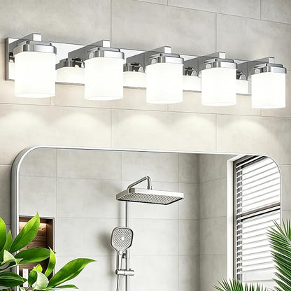 Vanity Lights for Bathroom, Farmhouse Bathroom Light Fixtures | 5-light chrome modern light fixture with milky white square glass shade, 36.5" modern bathroom lighting fixtures over mirror