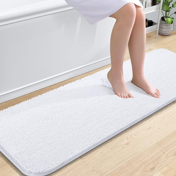 OLANLY Bathroom Runner Rugs 59x20, Extra Soft Absorbent Chenille Bath Rugs | White, Quick-Drying Rubber Backing, Machine Washable Long Bath Mat for Bathroom Floor, Tub and Shower, Home Decor Accessories