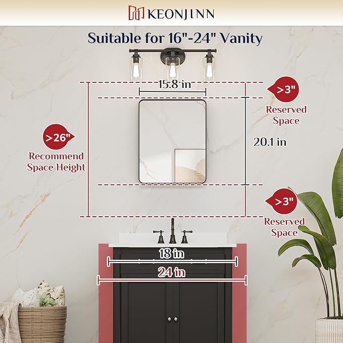Keonjinn 16 x 20 Inch Black Bathroom Mirrors for Over Sink, Tempered Glass | Sandblasted Finish, Matte Black Vanity Mirror, Anti-Rust, Seamless Aluminum Frame, Rounded Rectangle, French Cleat Mount