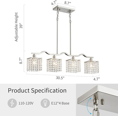 WUZUPS Crystal Chandelier 4-Light Linear Raindrop Pendant Ceiling Light Modern Lighting Fixture for Bedroom Dinning Room Bar Kitchen Island, H8.7'' W4.7'' L30.5, E12 Base, Nickel