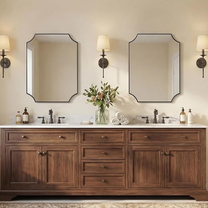Bathroom Mirror for Over Sink, 24x32 Inch Black Vanity Mirror, Scalloped Mirrors for Bathroom, Modern Wall Mirror with Aesthetic Scalloped Corner Design, Wall Mount Vertical or Horizontal