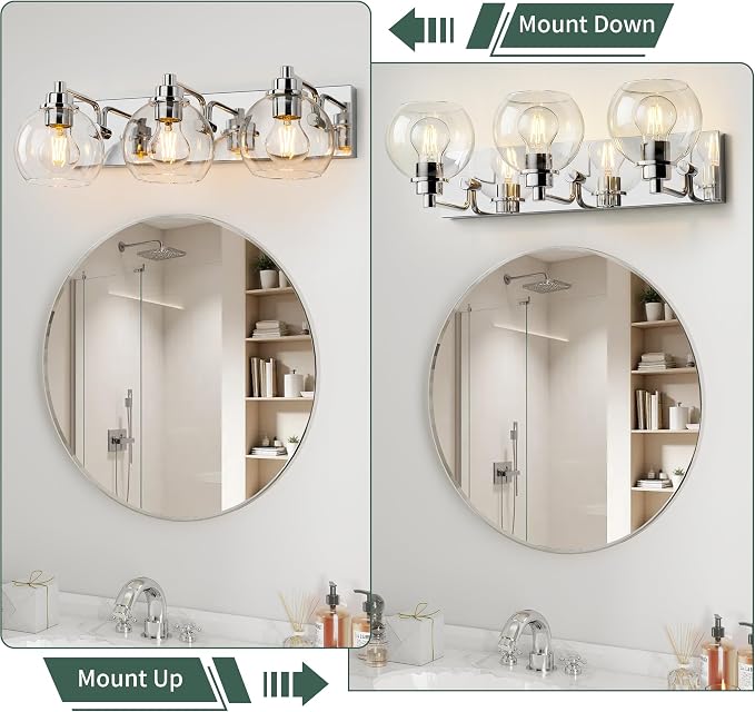 3 Light Bathroom Light Fixtures-Chrome Bathroom Vanity Lights, Modern Vanity Lights 3-Light Bathroom Lighting Fixtures Over Mirror with Clear Glass Globe Shade