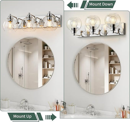3 Light Bathroom Light Fixtures-Chrome Bathroom Vanity Lights, Modern Vanity Lights 3-Light Bathroom Lighting Fixtures Over Mirror with Clear Glass Globe Shade