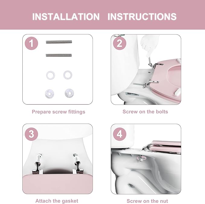 Pink Elongated Toilet Seat Natural Wood Toilet Seat with Zinc Alloy Hinges, Easy to Install also Easy to Clean, Scratch Resistant Toilet Seat by Angol Shiold (Elongated, Pink)