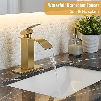 Bathroom Sink Faucet, Waterfall Bathroom Faucet with Pop-up Drain, Supply Hoses and Deck Plate, Suitable for 1 or 3 Holes, Brushed Gold