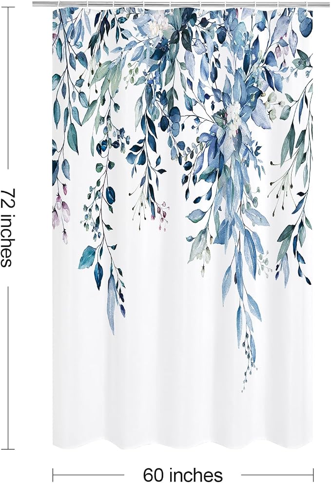 Blue Eucalyptus Shower Curtain, Watercolor Floral Print, 60x72 | Watercolor Plant Leaves Floral Print, Polyester Linen Blend Bathroom Decor, Machine Washable, Rustproof Grommets