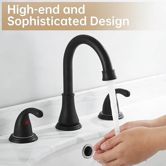 Bathroom Faucet 3 Holes, 8 Inch Widespread Faucet 2 Handle Bathroom Sink Faucets Lead-Free Matte Black Bath Sinks Faucets with Pop-up Drain Stopper and Supply Hoses