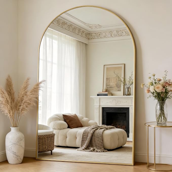 Dewfig Arched Full Length Mirror, 90"x46" Large Floor Mirror, Gold | Aluminum Alloy Frame Oversized Full Body Mirror, HD Shatterproof Tempered Glass, Lean/Stand/Wall for Living Room,Bedroom