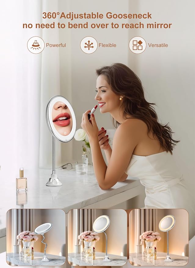 10x Magnifying Mirror with Light,Gooseneck Travel Make up Mirror 3 Lighting | Wall-Mounted Lighted Vanity Makeup Mirror, Cordless Battery Operated LED Mirror with Suction Cups for Shower Bathroom