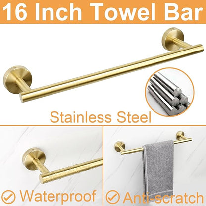 TocTen Bathroom Hardware Set, Thick Stainless Steel Bath Towel Bar Set Including Towel Rack for Bathroom+Toilet Paper Holder+3 Robe Towel Hooks Wall Mount Bathroom Accessory Set(16IN,Brushed Gold)