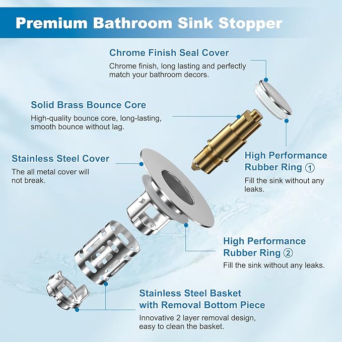 Hibbent Universal Bathroom Sink Drain Strainer, Upgraded 3 in 1 Pop Up Stopper with Removable Stainless Steel Filter Basket, Brass Bullet Core, Hair Catcher Sink Plug for 1.1''~2.36'' Hole, Chrome