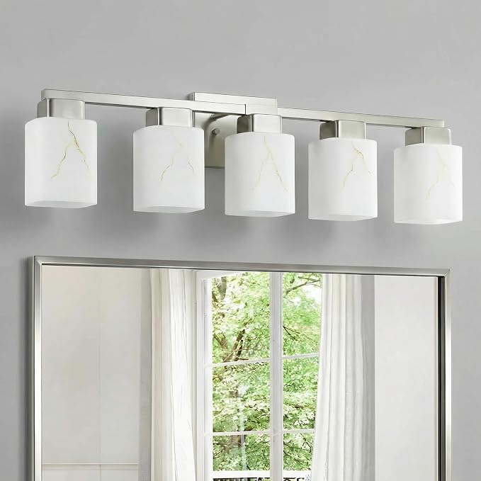 5-Light Square Bathroom Light Fixture, Brushed Nickel Modern Vanity Light with White Marble Glass Shade, for Bathroom Mirror, Living Room, Bedroom, Hallway, E26 Base