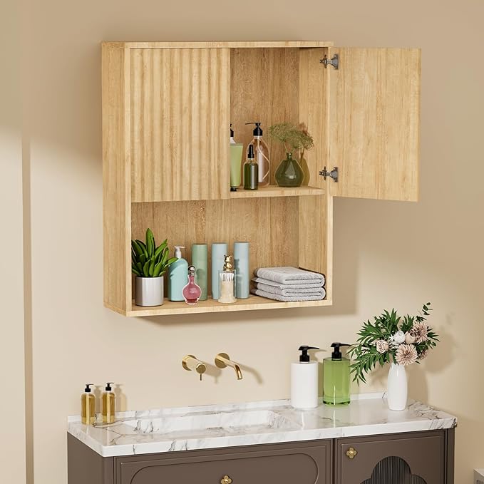 Fluted Bathroom Wall Cabinet Over the Toilet Storage,Wall Mounted Cabinet with Adjustable Shelf,Floating Cabinet Organizer Hanging Cabinet,Kitchen and Laundry Room Cabinets (Oak, 1 PC)