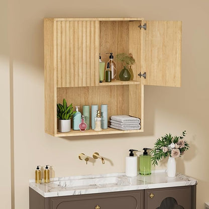 Fluted Bathroom Wall Cabinet Over the Toilet Storage,Wall Mounted Cabinet with Adjustable Shelf,Floating Cabinet Organizer Hanging Cabinet,Kitchen and Laundry Room Cabinets (Oak, 1 PC)