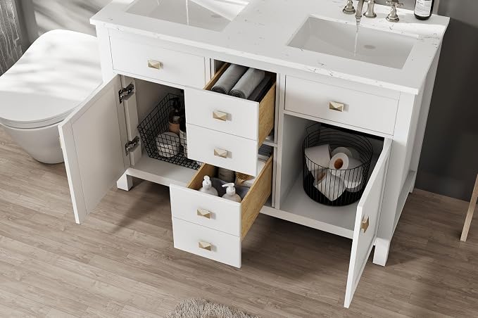 Artemis 48 in. White Double Sink Bath Vanity with Engineered Top and Undermount Porcelain Sinks