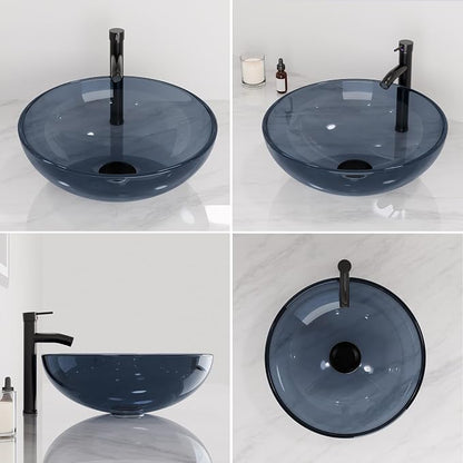 Design Vessel Sink Bathroom Sink above counter Small Vessel Sink Bathroom Sink Bowl Countertop Modern Sinks with faucet and drain combo 16.5" Round Transparent New