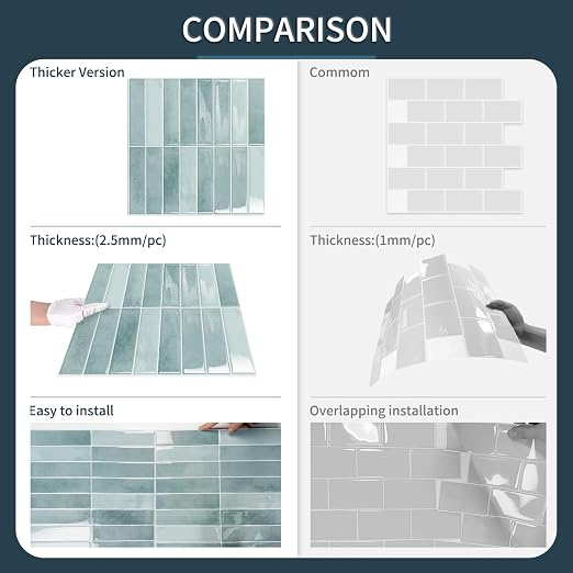 10 Sheets Upgraded Thicker Design Subway Tile Peel and Stick Backsplash | 12”×12”Self Adhesive Wall Tiles Stick on Back Splash for Kitchen,Bathroom,Camper(Azure Blue)