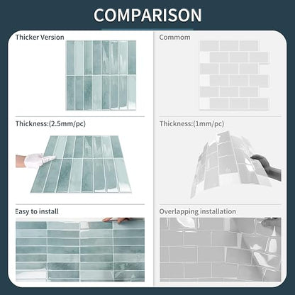 10 Sheets Upgraded Thicker Design Subway Tile Peel and Stick Backsplash | 12”×12”Self Adhesive Wall Tiles Stick on Back Splash for Kitchen,Bathroom,Camper(Azure Blue)