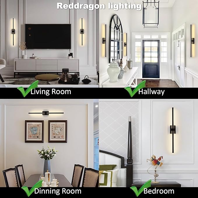 Only Suitable for Small Junction Box Hardwired Minimalist Dimmable Black Tube Linear Wall Sconce 24 Inch Mirror Vanity Light for Bathroom Living Room Bedroom Corridor (2 Pack, 24'', Black, Dimmable)