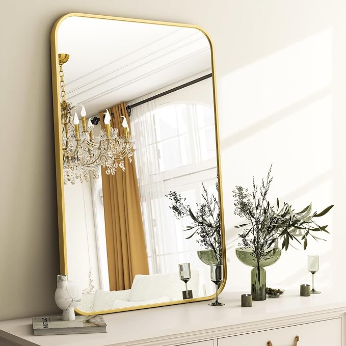 Easly 26 x 38 Inch Bathroom Mirror, Rounded Rectangular Vanity Mirror for Wall, Modern Mirror for Room Decor, Gold Framed Wall-Mounted Mirrors for Home Decor, Hangs Horizontally or Vertically