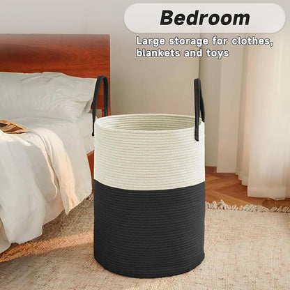JMvicyroam 100L Cotton Rope Laundry Basket Hamper, White and Black | Collapsible laundry basket, reinforced handles, freestanding, machine washable, holds 3-5 thick blankets, clothes or toys