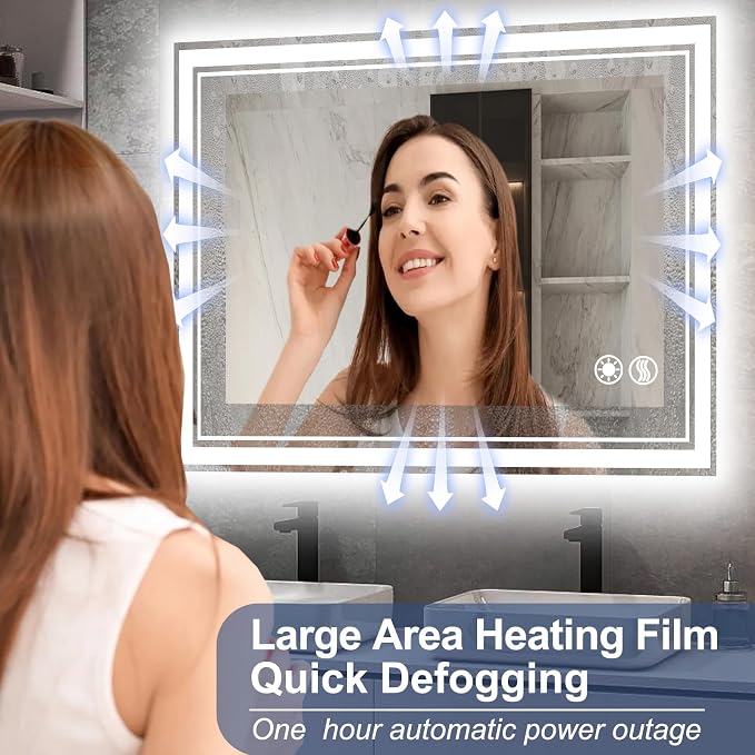 40“ x 32” Bathroom Mirror with Lights LED Mirror for Bathroom Anti-Fog Dimmable 3 Colors Memory Function Vanity Smart Mirror Home Decor Wall Mounted Horizontal/Vertical