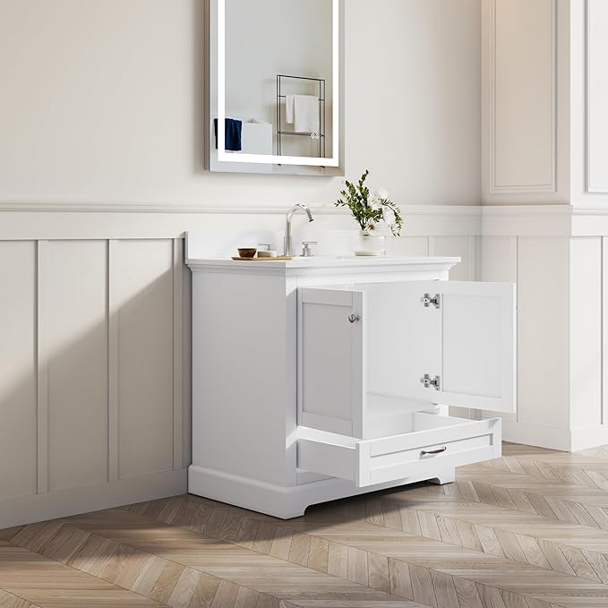 WELLFOR 36" Bathroom Vanity with Sink, Bathroom Freestanding Vanity W/ 2 Soft-Close Doors and 1 Soft-Close Drawers, Bathroom Cabinet Vanity with Engineered Stone Countertop, White