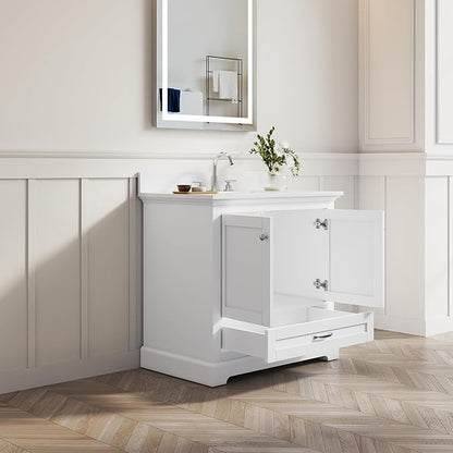 WELLFOR 36" Bathroom Vanity with Sink, Bathroom Freestanding Vanity W/ 2 Soft-Close Doors and 1 Soft-Close Drawers, Bathroom Cabinet Vanity with Engineered Stone Countertop, White