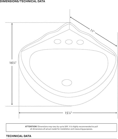 Biscuit Ceramic Wall Hung Corner Sink - Wall Mounted Bathroom Sink with Concealed Round Overflow - 16.5" x 15" Modern Style Small Sink w/Single Faucet Hole
