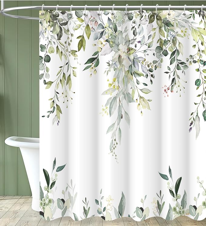 Sage Green Eucalyptus Shower Curtain, Watercolor Leaves Plant Spring Floral Waterproof Fabric Machine Washable with Hooks for Bathroom Bathtub 60Wx72H