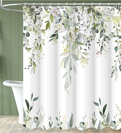 Sage Green Eucalyptus Shower Curtain, Watercolor Leaves Plant Spring Floral Waterproof Fabric Machine Washable with Hooks for Bathroom Bathtub 72x72