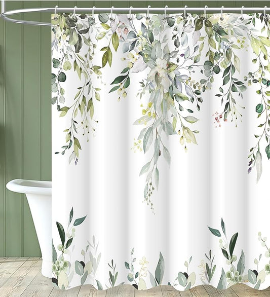Sage Green Eucalyptus Extra Long Shower Curtain, Watercolor Leaves Plant Spring Floral Waterproof Fabric Machine Washable with Hooks for Bathroom Bathtub 72Wx84H