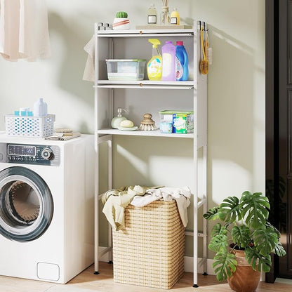 BECOMFORT Over The Toilet Storage Cabinet, Above Toilet Bathroom Shelf with Flip-up PC Doors, Metal Stand & 4 Hooks, Freestanding Space Saver, Over Toilet Bathroom Organizer for Laundry Room (White)