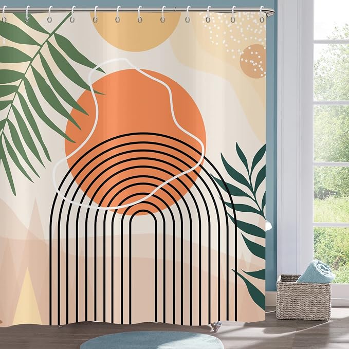 Boho Abstract Mid Century Shower Curtain Set - Geometric Leaves Neutral Modern - Green Plant Eucalyptus - Arch Sun Bathroom Curtain - 72x72 Inch