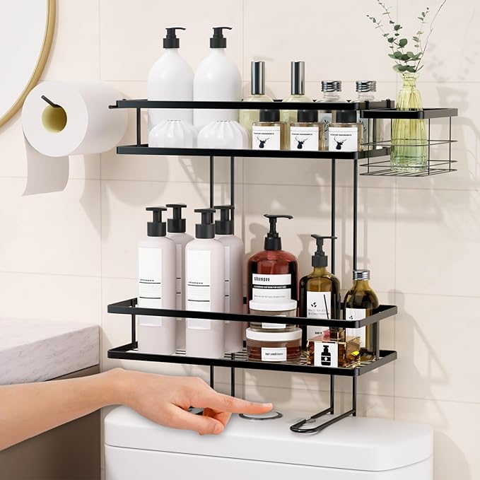 IIQ Over The Toilet Storage,2-Tier Bathroom Organizer Over Toilet with Removable Basket Paper Holder, Above Toilet Storage with Non-Trace Adhesive, No Drilling Toilet Organizer