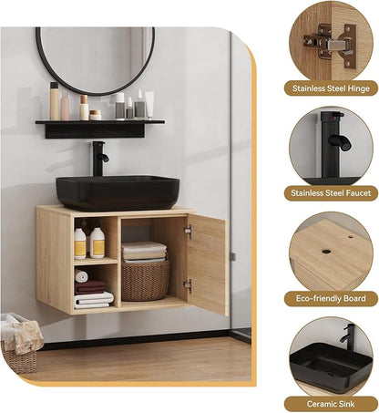 YOURLITE Bathroom Vanity, Wall-Mounted, 24" Floating Bathroom Cabinet with Mirror, Shelves & Faucet, Black Ceramic Vessel Sink