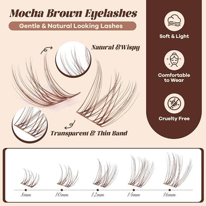 B&Q Brown Velure Lash Clusters Kit Natural Lashes Clusters, Wispy Light Brown Eyelash Cluster Kit C-8-16mm DIY Lash Eyelashes for Fair/Dark Hair, Lightweight & Invisible Band(Mochalash Velure 05 Set)