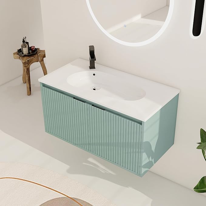36 Inch Bathroom Vanity with Sink, 36" Floating Vanity, Premium Plywood Wooden Bathroom Cabinet with Soft Close Doors and Waterdrop-Shaped Resin Sink, Modern Wall Mounted Cabinet Set (Stripe Pattern)