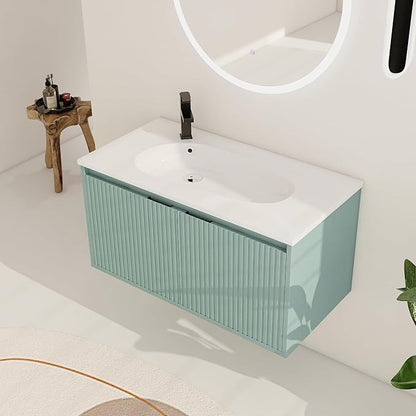 36 Inch Bathroom Vanity with Sink, 36" Floating Vanity, Premium Plywood Wooden Bathroom Cabinet with Soft Close Doors and Waterdrop-Shaped Resin Sink, Modern Wall Mounted Cabinet Set (Stripe Pattern)