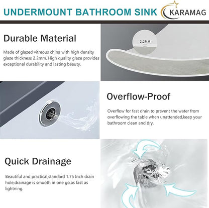 20 Inch Undermount Bathroom Sink Rectangle Undermount Sink White Ceramic Under Counter Bathroom Sinks with Overflow (19.7"x15.7")
