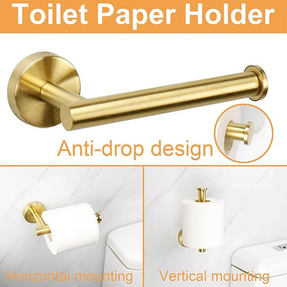 TocTen Bathroom Hardware Set, Thick Stainless Steel Bath Towel Bar Set Including Towel Rack for Bathroom+Toilet Paper Holder+3 Robe Towel Hooks Wall Mount Bathroom Accessory Set(24IN,Brushed Gold)