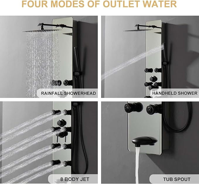 Shower Panel Tower System with Adjustable Rainfall Head Handheld Shower 2-Setting Body Jets and Tub Spout Multifunction Shower Panel, Brushed Stainless Steel and Glass