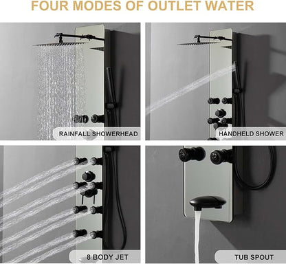 Shower Panel Tower System with Adjustable Rainfall Head Handheld Shower 2-Setting Body Jets and Tub Spout Multifunction Shower Panel, Brushed Stainless Steel and Glass