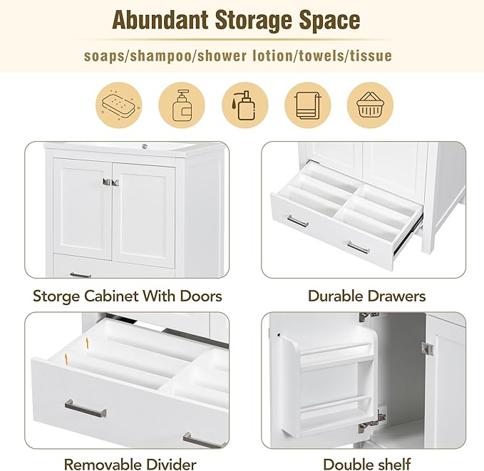LUMISOL 30" Bathroom Vanity Set with Sink, Solid Wood Bathroom Cabinet with One Drawer and Two Doors, Multi-Function Storage Organizers, Undermount Sink Basin, White