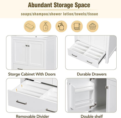 LUMISOL 30" Bathroom Vanity Set with Sink, Solid Wood Bathroom Cabinet with One Drawer and Two Doors, Multi-Function Storage Organizers, Undermount Sink Basin, White