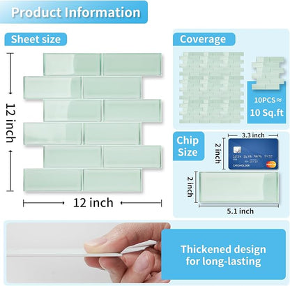 Art3d Seaglass Subway Design Peel and Stick Backsplash, 10-Pack, Aqua Green | 12 x 12 Inch, Water Resistant, Durable, Easy to Installation, Coastal Style, for Modern Home Decor, Kitchen, Home Improvement